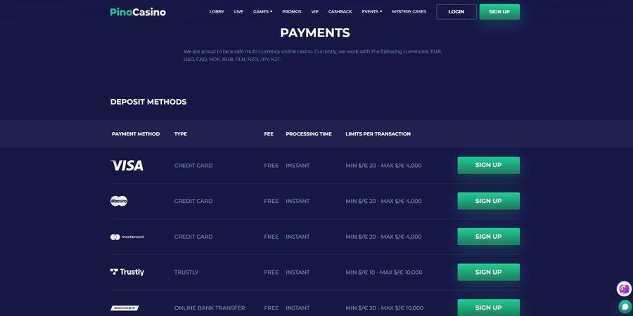 Pino Casino deposit and withdrawal page