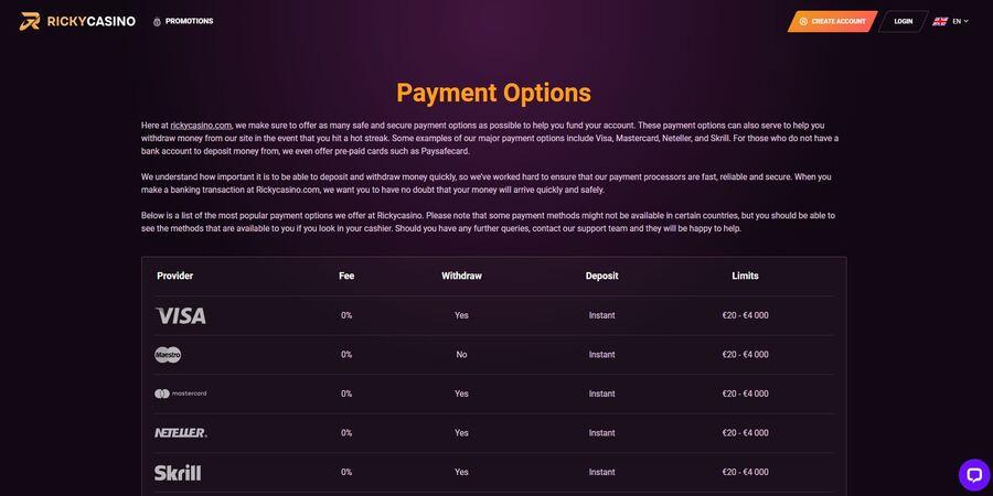 RickyCasino payment options